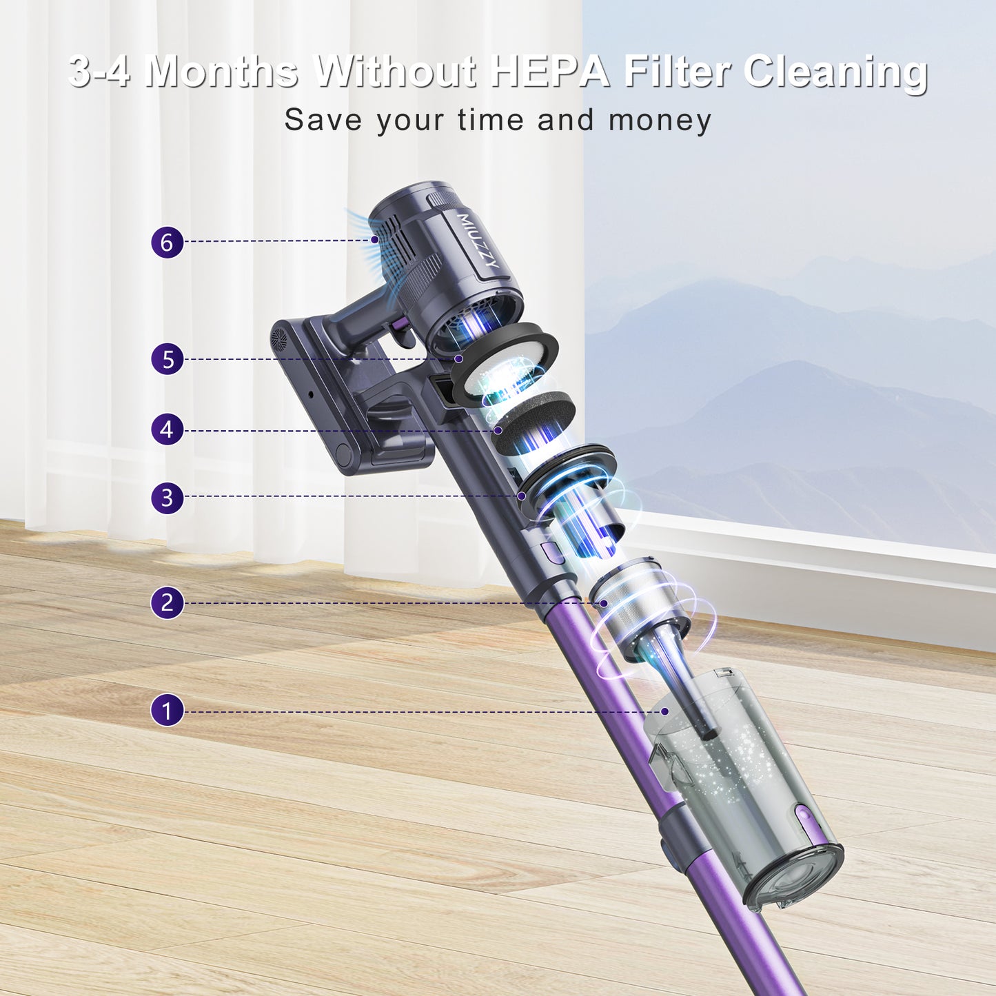 MIUZZY M242 Cordless Vacuum Cleaner, 25Kpa Brushless Vacuum Cleaner with Touch Screen, Up to 50 Mins Runtime, Lightweight Vacuum for Carpet, Home Hardwood Floor and Pet Hair