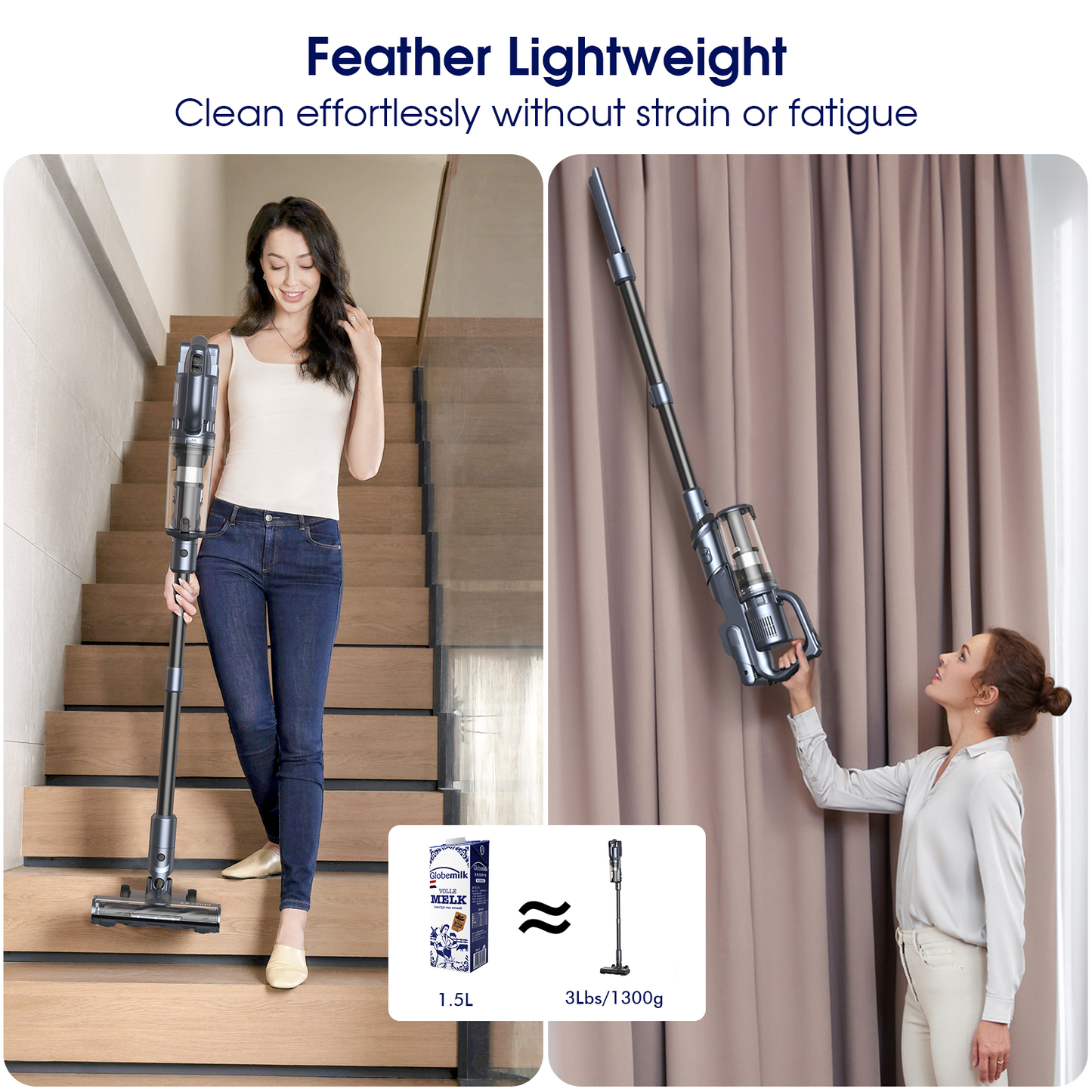 MIUZZY M243 Lightweight Cordless Vacuum Cleaner, 30KPa Powerful Suction, 50 Mins Max Runtime, Rechargeable Vacuum with Self-Standing Design, for Home, Pet Hair, Hard Floors, Carpets, Cars