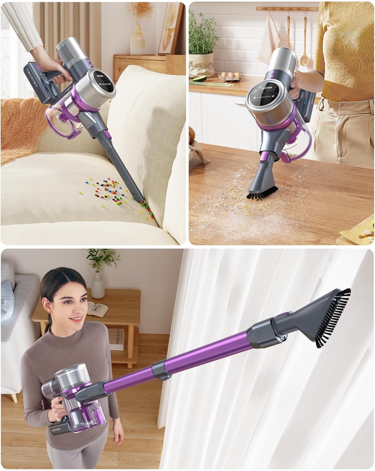 MIUZZY M245 Cordless Vacuum Cleaner, 190AW Powerful Suction, 60 Mins Max Runtime, 4000mAh Large Batteries, Anti Hair Wrap Stick Vacuum, Vacuum Cleaner for Home, Pet Hair, Hard Floors and Carpets, Cars