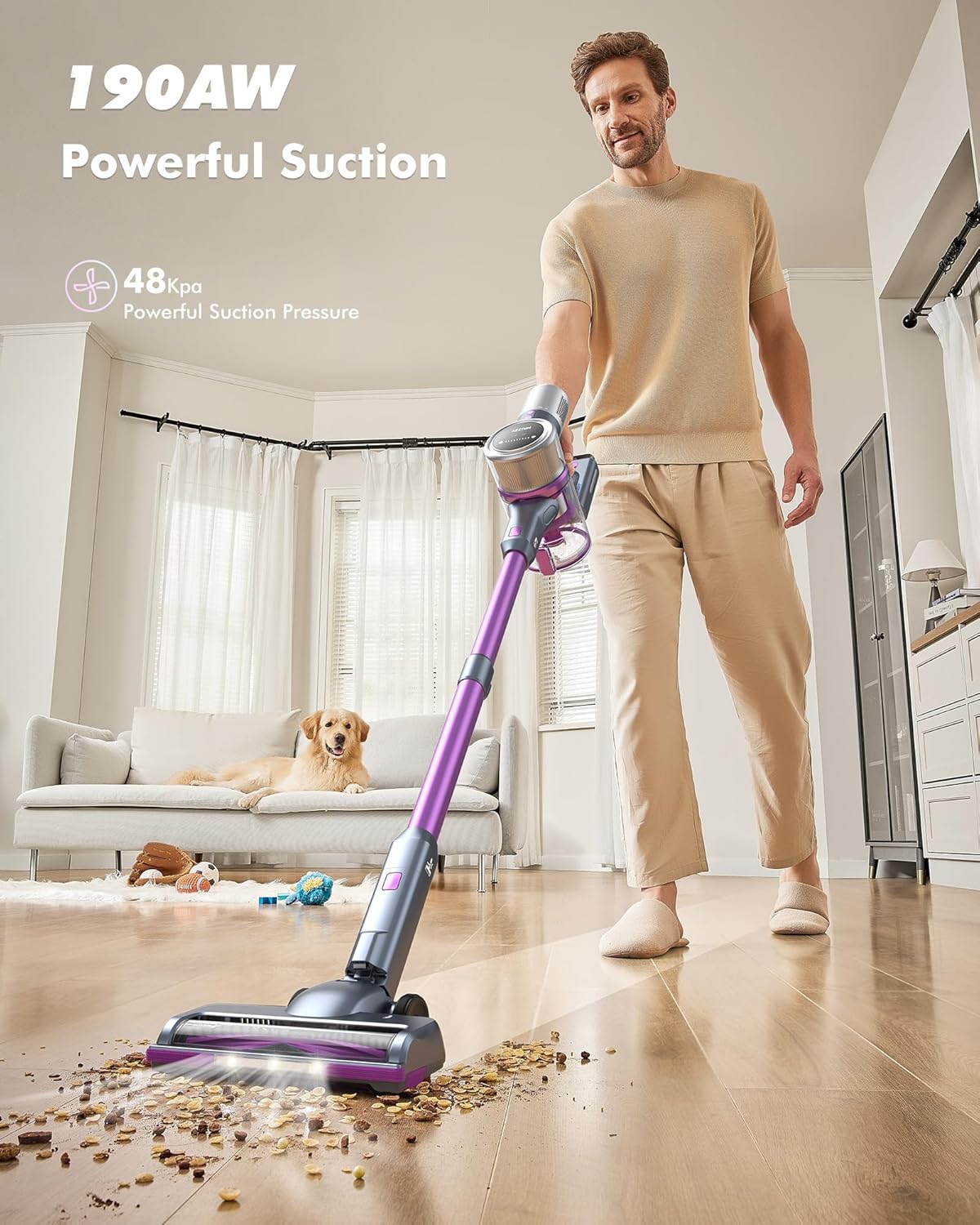 MIUZZY M245 Cordless Vacuum Cleaner, 190AW Powerful Suction, 60 Mins Max Runtime, 4000mAh Large Batteries, Anti Hair Wrap Stick Vacuum, Vacuum Cleaner for Home, Pet Hair, Hard Floors and Carpets, Cars